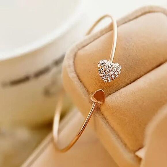 Jewelry - Gold Heart Bangle Bracelet Rhinestone Heart Bridal Jewelry Modern Elegant